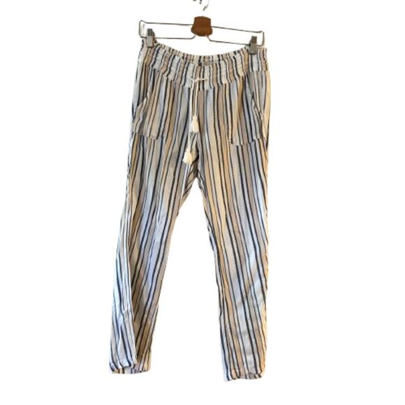 Roxy Oceanside Stripe Flared Pants Size M Elastic Waist Yarn Dye Pocket Drawcord - Picture 1 of 9